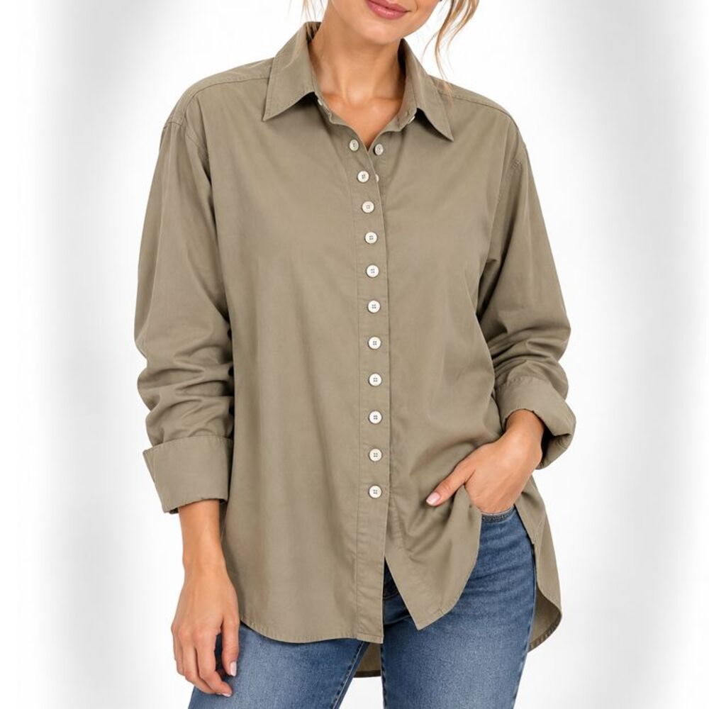 Soft Surroundings Taupe Modal Button Front Long Tunic Shirt Velvet Trim Small